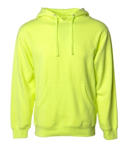 A bright yellow midweight pullover hooded sweatshirt with a front pocket and drawstrings. It features a logo.