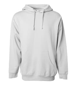 A midweight pullover hood in white, featuring a front pocket and a drawstring hood. It has a logo on the front.