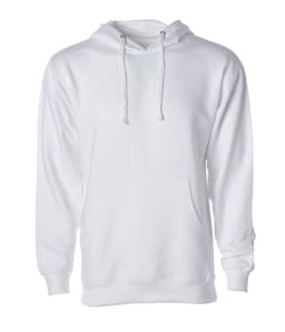 A white midweight pullover hood with a front pocket and drawstrings, featuring a logo on the front.