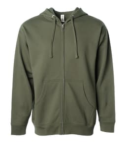 A midweight zip hoodie in olive green with a front zip, hood, and kangaroo pockets. It features a logo.