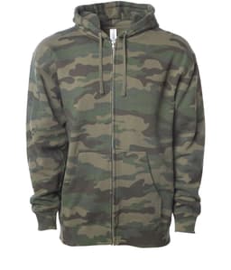 A midweight zip hoodie in camouflage pattern, featuring a hood and front pockets. It has a logo on the chest.