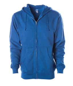 A midweight zip hoodie in vibrant blue, featuring a front zip, drawstring hood, and a logo.