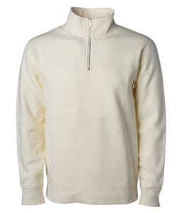 A midweight quarter zip sweater in cream, featuring long sleeves and a zippered collar. Includes a logo.