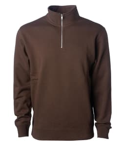 A brown midweight quarter zip jumper with a high collar and a zippered neck. It features long sleeves and a casual design.