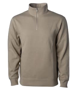 A midweight quarter zip pullover in a muted beige colour. The design features a zip at the neck and long sleeves.