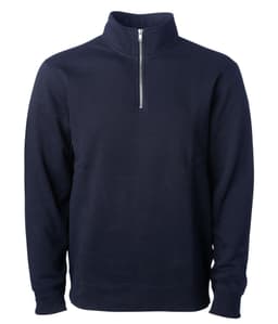 A navy midweight quarter zip pullover with long sleeves and a zippered collar. It features a logo.