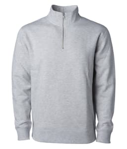 A midweight quarter zip pullover in light grey, featuring a collar and long sleeves. Has a logo on the garment.
