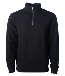 A men's midweight quarter zip pullover in black, featuring a front zip and ribbed cuffs. Includes a logo.
