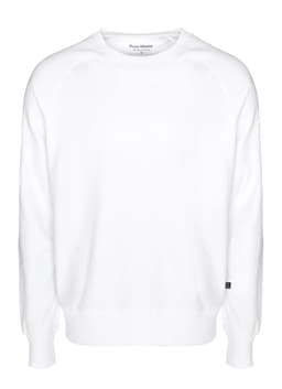A white sweatshirt with a crew neck and ribbed cuffs, featuring a small logo on the side.