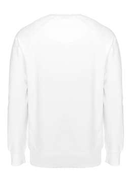 A white sweatshirt with long sleeves and a crew neck, featuring a plain back and a logo near the hem.