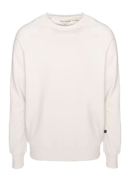 A cream sweatshirt with long sleeves and a crew neckline, featuring a small logo on the hem.