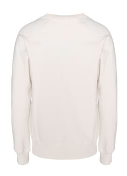 A white sweatshirt with long sleeves and a crew neck, featuring a plain back and a logo.