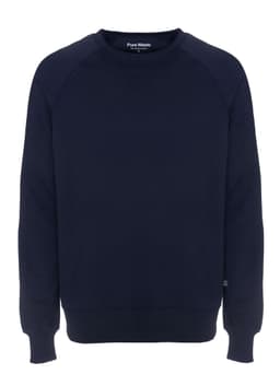 A navy sweatshirt with a crew neck and long raglan sleeves. The garment features a logo on the label.