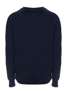 A navy sweatshirt with a simple design and long sleeves, featuring a logo at the back.