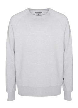 A grey sweatshirt with a round neck and long sleeves. It has a logo on the front.