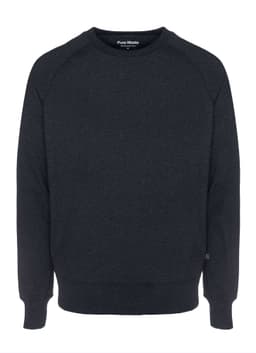 A dark grey sweatshirt featuring a crew neck and long sleeves, with a logo on the hem.