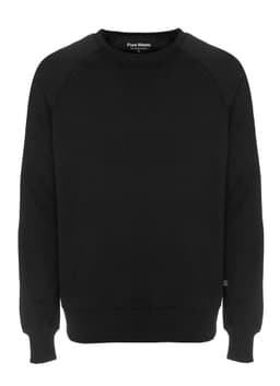 A black sweatshirt featuring ribbed cuffs and a round neckline, with a small logo on the side.