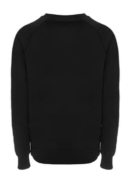 A black sweatshirt with long sleeves and a crew neckline, featuring a plain design with a logo.