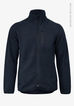 A navy polar fleece jacket with a zip-up front and a chest pocket. Features branding on the side.
