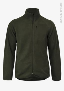 A polar fleece jacket in dark green, featuring a zip front and a chest pocket, with a logo on the side.