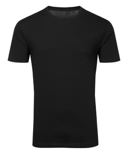 A black organic t-shirt with a classic crew neck and short sleeves, featuring a logo.