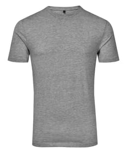A grey organic T-shirt with a round neckline and short sleeves, featuring a logo on the label.
