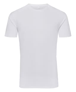 A plain white organic t-shirt with short sleeves, featuring a logo on the upper left side.