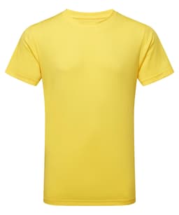 A yellow performance T-shirt featuring a crew neck design and short sleeves. It has a logo on the front.