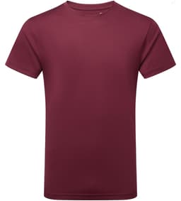 A burgundy performance T-shirt with a classic short sleeve design and a logo.