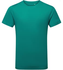 A teal performance T-shirt with a round neckline and short sleeves, featuring a logo on the front.