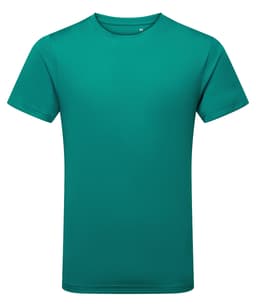 A teal performance T-shirt with short sleeves and a simple design. It features a logo on the chest.