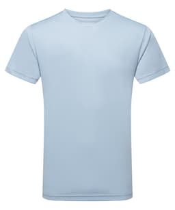 A light blue performance t-shirt with short sleeves and a logo on the front.