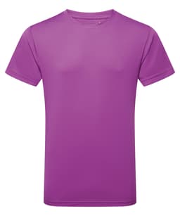 A purple performance T-shirt with short sleeves and a round neckline, featuring a logo.