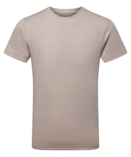 A beige performance T-shirt with short sleeves, featuring a simple design and a logo on the front.