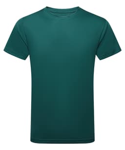 A green performance t-shirt with a classic round neck and short sleeves, featuring a logo.