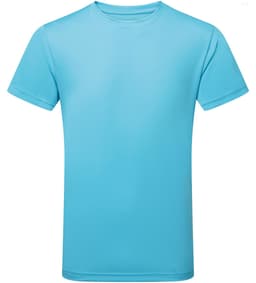 A light blue performance T-shirt with short sleeves and a smooth finish. Features a logo.