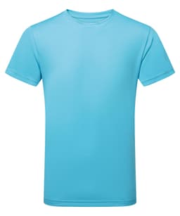 A plain blue performance T-shirt featuring short sleeves and a crew neckline. It has a logo on the front.