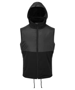A black insulated hybrid gilet with a hood and a zip front, featuring a two-tone design. It includes a logo.