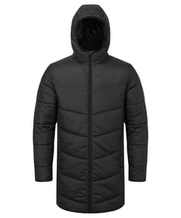 A black Microlight Longline Jacket with a zip front and hood, featuring a logo on the chest.