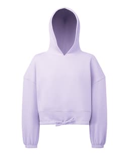 A cropped oversize hoodie in light purple with a drawstring at the hem and a hood, featuring long sleeves.