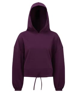 A cropped oversize hoodie in a rich purple colour, featuring a hood and drawstring at the waist. It has long sleeves and a relaxed fit.