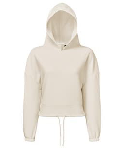 A cropped oversize hoodie in a light cream colour with a drawstring and a hood. It has long sleeves and a relaxed fit.