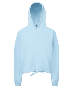 A light blue cropped oversize hoodie with a hood and drawstring at the hem. Features loose-fitting sleeves.