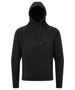 A black microfleece hoodie with a hood and drawstrings, featuring a simple design.