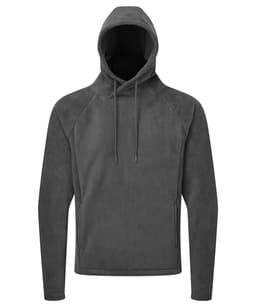 A grey microfleece hoodie with a hood, long sleeves, and a simple design. It features side pockets and a logo.
