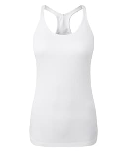 A white seamless sports vest featuring a racerback design and a ribbed texture. It has a small logo on it.