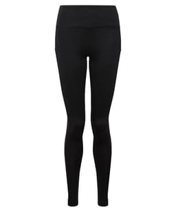 Black performance leggings featuring pockets and a fitted design. The product has a branding logo on the waistband.