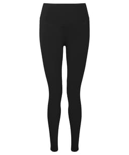 Black outdoor leggings made from recycled materials, featuring a high waist design and a logo.