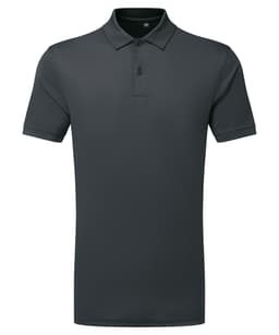 A dark grey polo shirt featuring a classic collar and a button placket, with a logo on the chest.