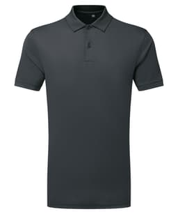 A dark grey polo shirt with a collared neckline and short sleeves. It has a logo on the chest area.